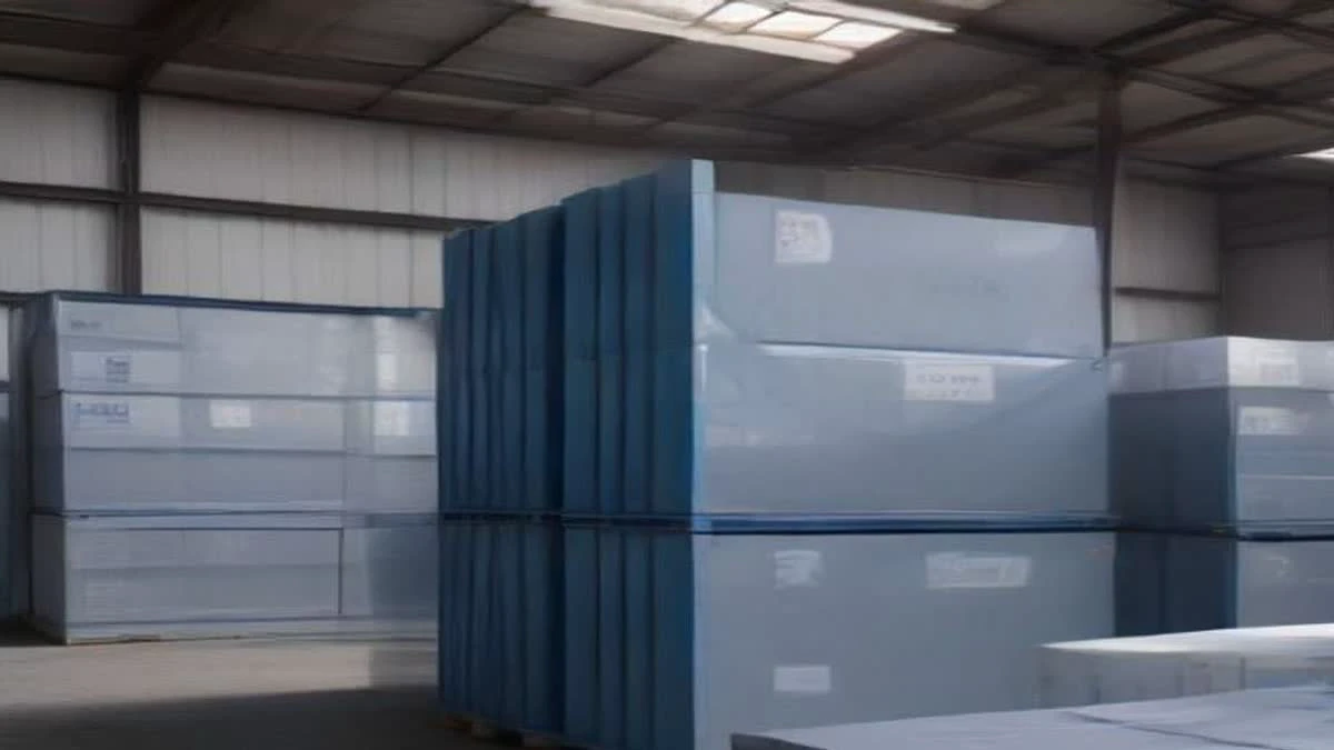A stack of aluminium mining machines on a pallet in a bright warehouse